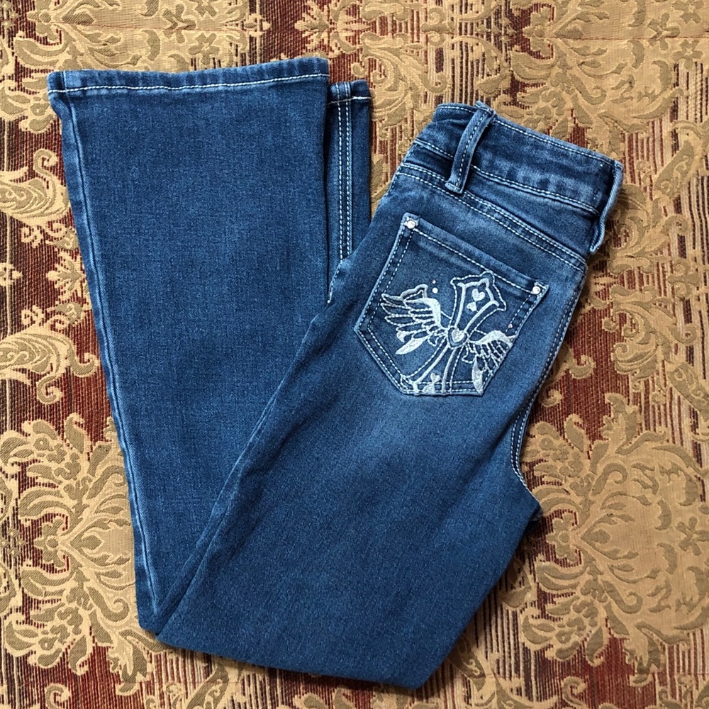 Girls Size 8 YMI Bootcut Embroidered Rhinestone Pocket Jeans
